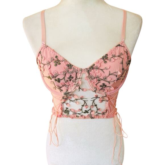 Coquette Fairy Floral Corset Top Womens Small Pink Embroidery Lace Up Festival - Picture 5 of 6